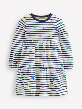 Mini Boden Tiered Sweatshirt Dress Navy/ Ivory Stripe Size 6-7Y